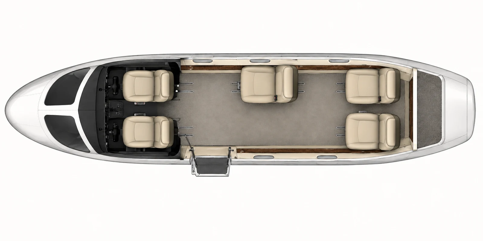 Top-down view of a Eclipse five-total-seat example cabin. Illustrative Eclipse five-seat example: three cabin seats plus two cockpit seats. Actual layout and equipment vary. The plan is schematic and does not identify this aircraft’s installed interior.