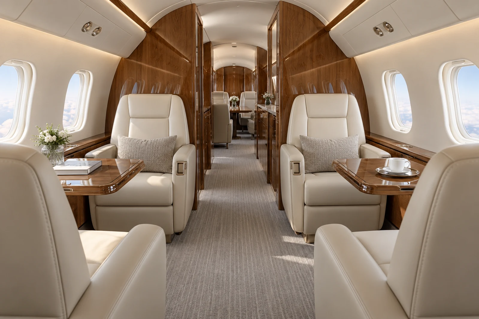 Representative Global 5000 forward club cabin; actual completion and equipment vary.