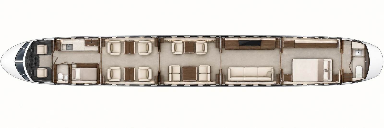Top-down view of a Global 7500 13-seat four-zone cabin. Representative Global 7500 13-seat layout across four passenger zones, including a separate bedroom. Cockpit and crew rest are separate. Not this aircraft’s installed layout.