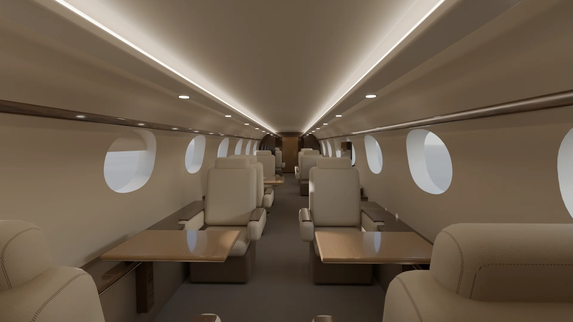 Gulfstream G650 cabin interior illustration: a photoreal 3D render looking aft from the forward club seats, with cream leather seats, gloss wood tables and oval windows.