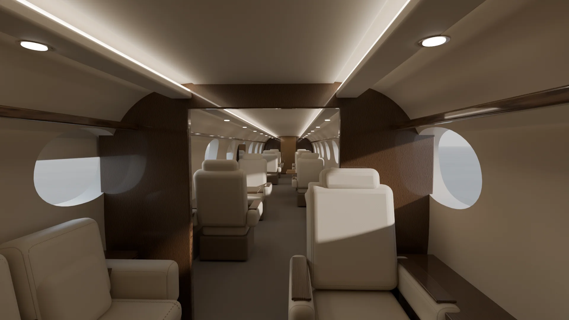 Gulfstream G650 cabin interior illustration: a photoreal 3D render looking forward from the aft stateroom past the divan and club seats.