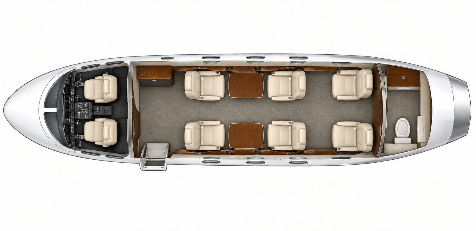 Top-down view of a Premier IA six-passenger example cabin. Illustrative Premier IA six-passenger example: four club seats and two aft seats, plus two cockpit seats and a separate lavatory. Actual layout and equipment vary. The plan is schematic and does not identify this aircraft’s installed interior.