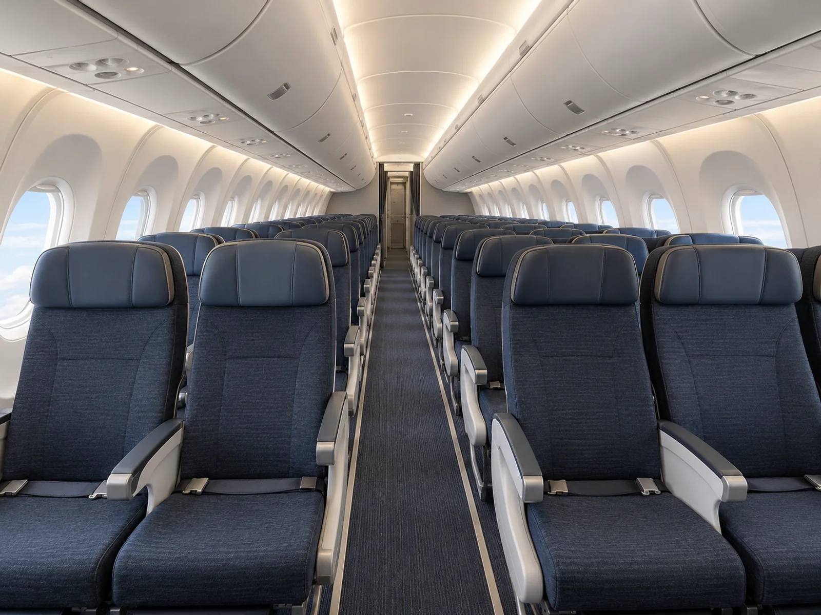 Airbus A220-100 cabin interior illustration: aI-generated illustration of a representative Airbus A220 family cabin, looking forward through a 2+3 passenger seating arrangement.