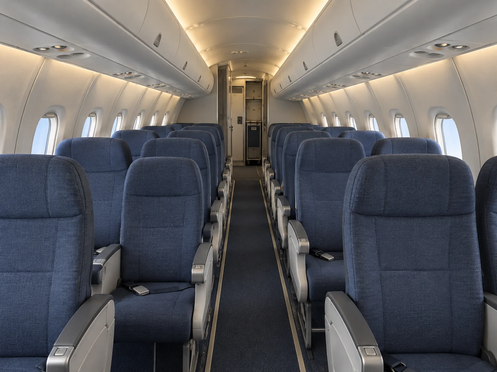 Airbus A321-271NX cabin interior illustration: aI-generated illustration of a representative Airbus A320 family cabin, looking forward through a 3+3 passenger seating arrangement.