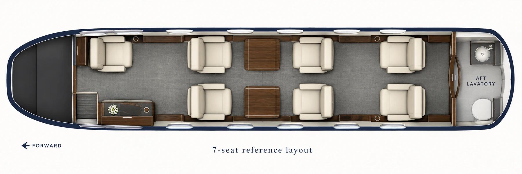 Beech 400A (certified family) seat map illustration: top-down view of the cabin. Representative seven-seat Hawker 400XP layout: one forward single chair, four club chairs and two aft chairs. Cockpit and belted lavatory are separate. Not this aircraft’s installed layout.