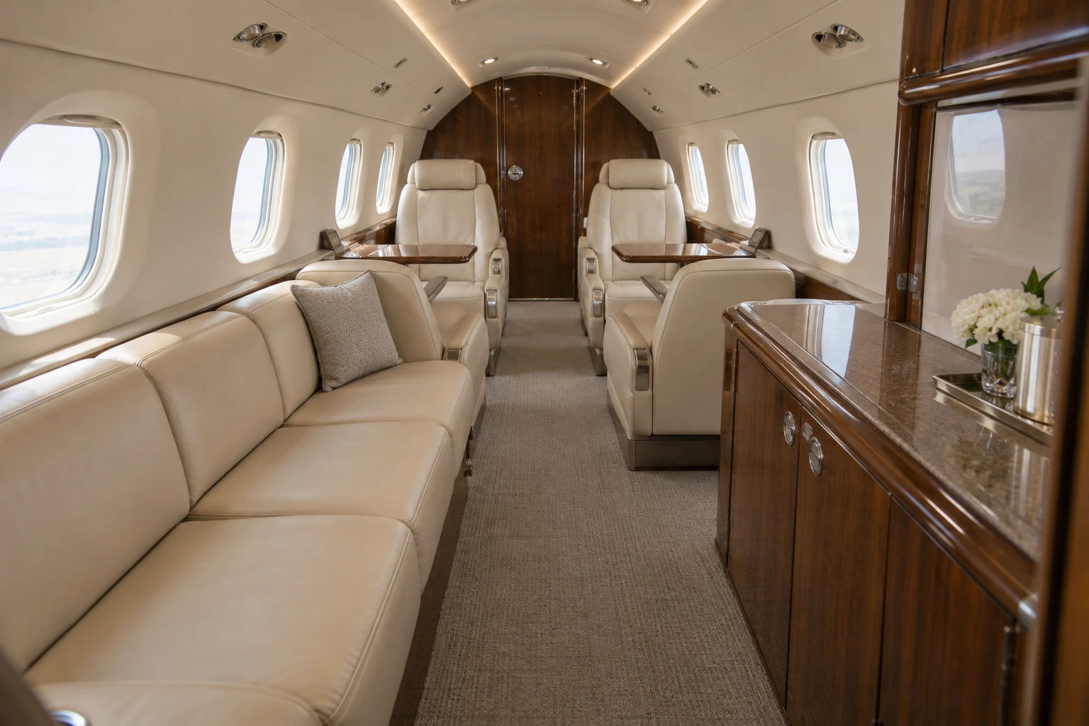 Beech 400A (FJ44-3AP reference) cabin interior illustration: illustrative converted 400A example looking aft past a starboard divan and port galley to four club chairs.