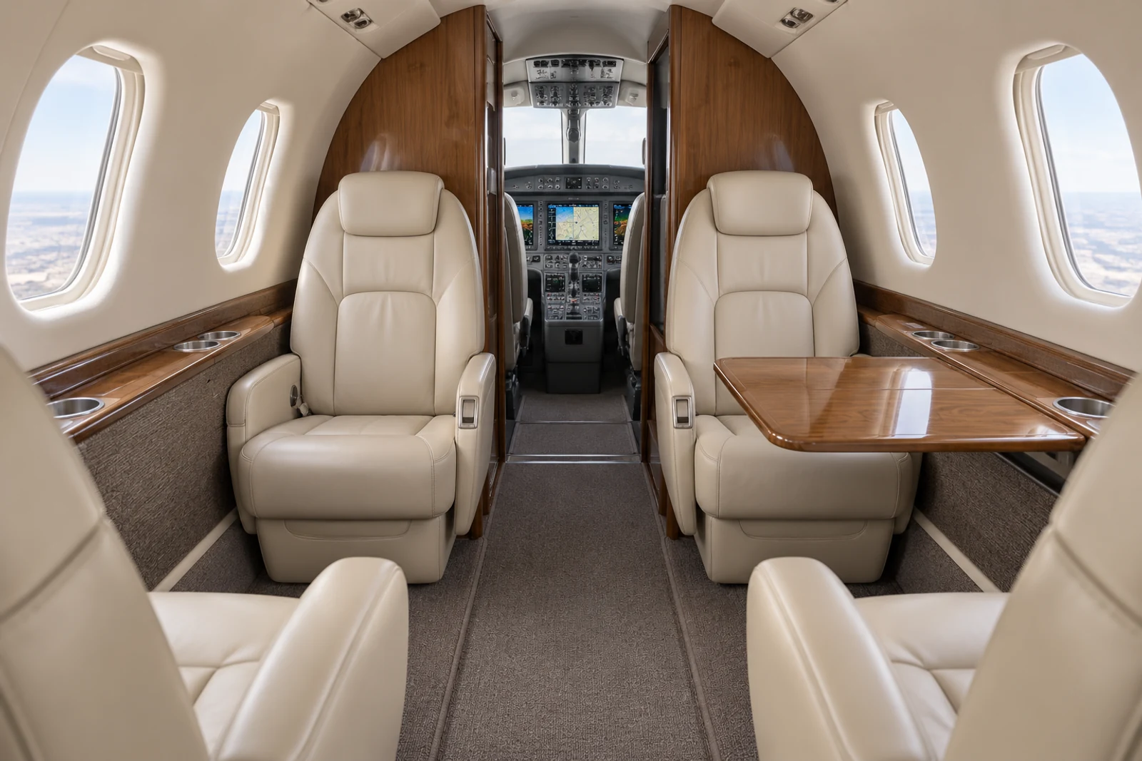 Beechcraft 390 (certified family) cabin interior illustration: representative Premier IA cabin with a four-seat club and two aft forward-facing chairs. This is an illustration, not a photograph of this tail.