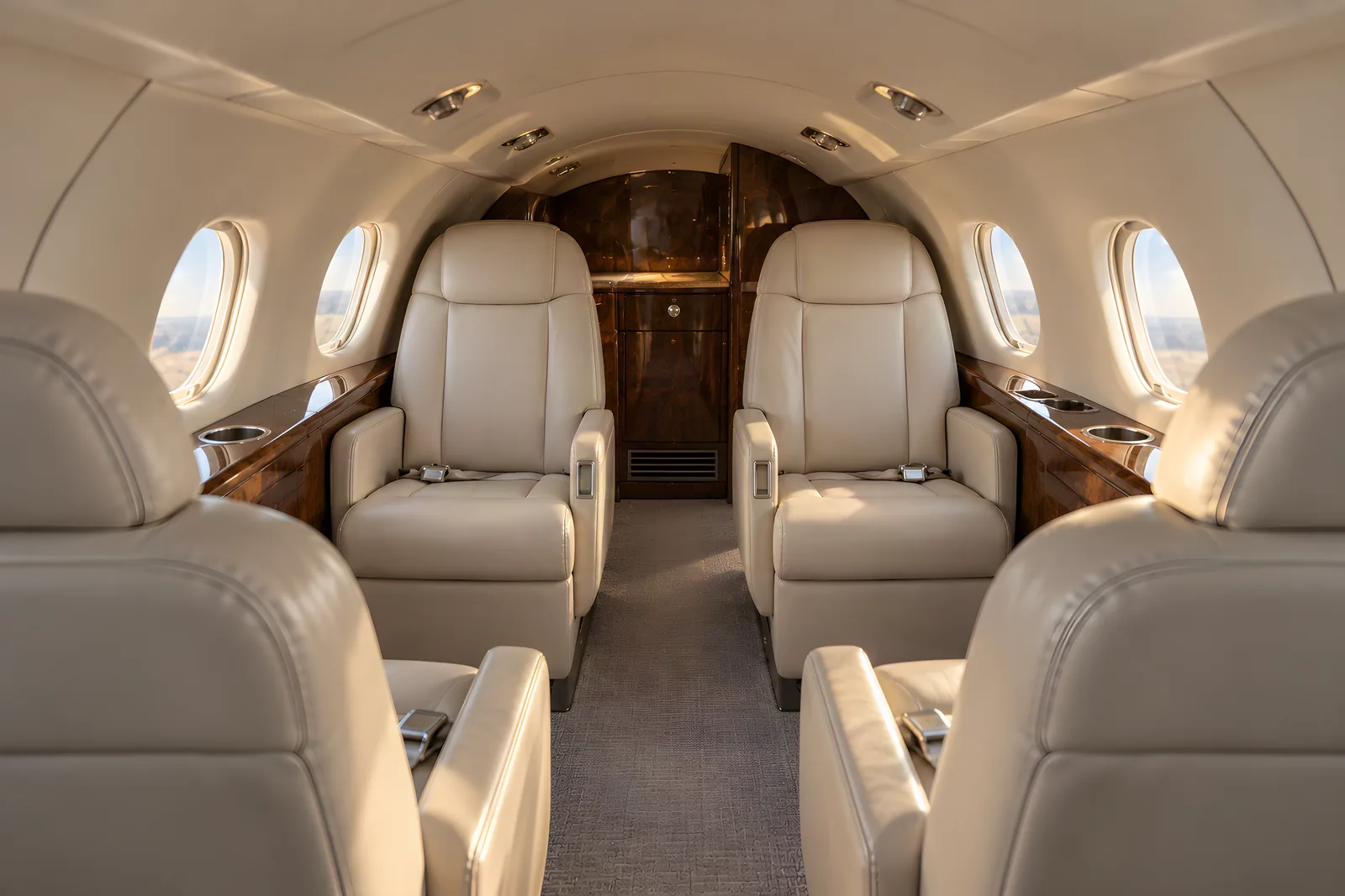 Beechcraft Beechjet 400A cabin interior illustration: warm natural light fills a low, narrow Beechjet 400A cabin with seven cream leather chairs, round windows, wood veneer cabinetry and a flat central aisle viewed looking aft.