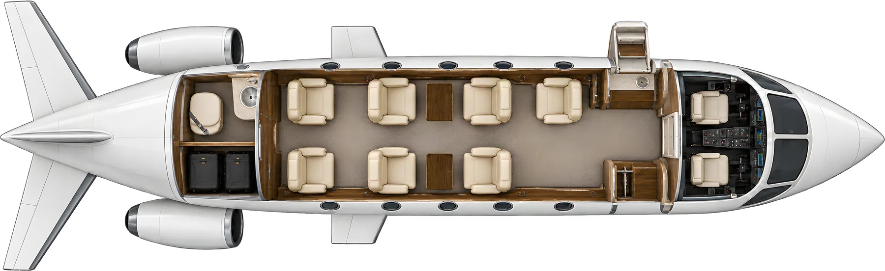 Beechcraft Beechjet 400A seat map illustration: top-down view of the cabin. Typical 8-passenger layout: a center club of four, one forward aft-facing chair, two aft forward-facing chairs, and a belted aft lavatory seat.