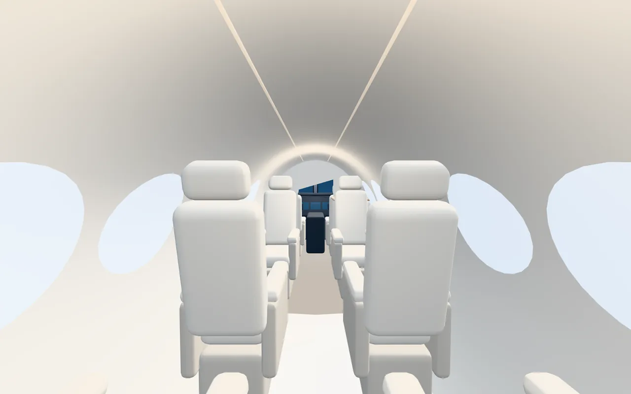 Beechcraft King Air 350 3D cabin interior illustration looking forward: a representative 8-seat layout in a 4 ft 6 in wide, 4 ft 9 in tall cabin.