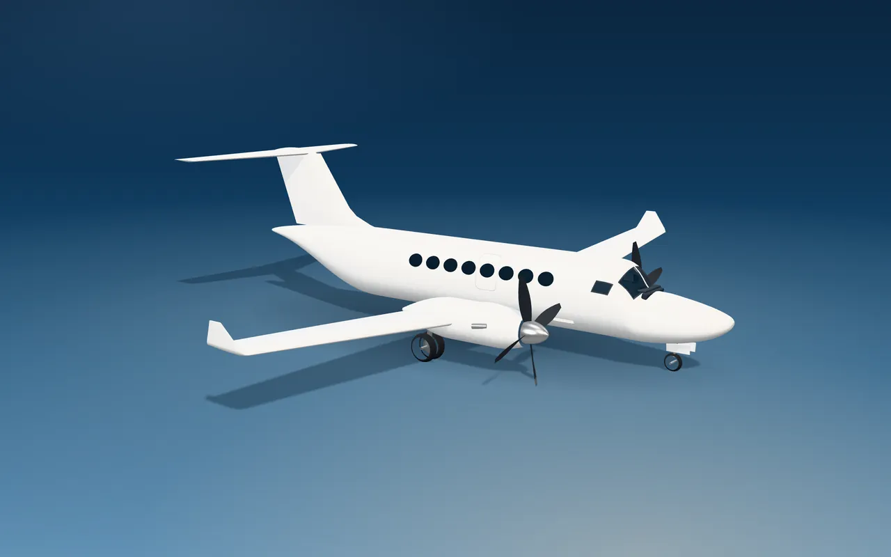 Beechcraft King Air 350 3D exterior illustration, three-quarter view from the front.