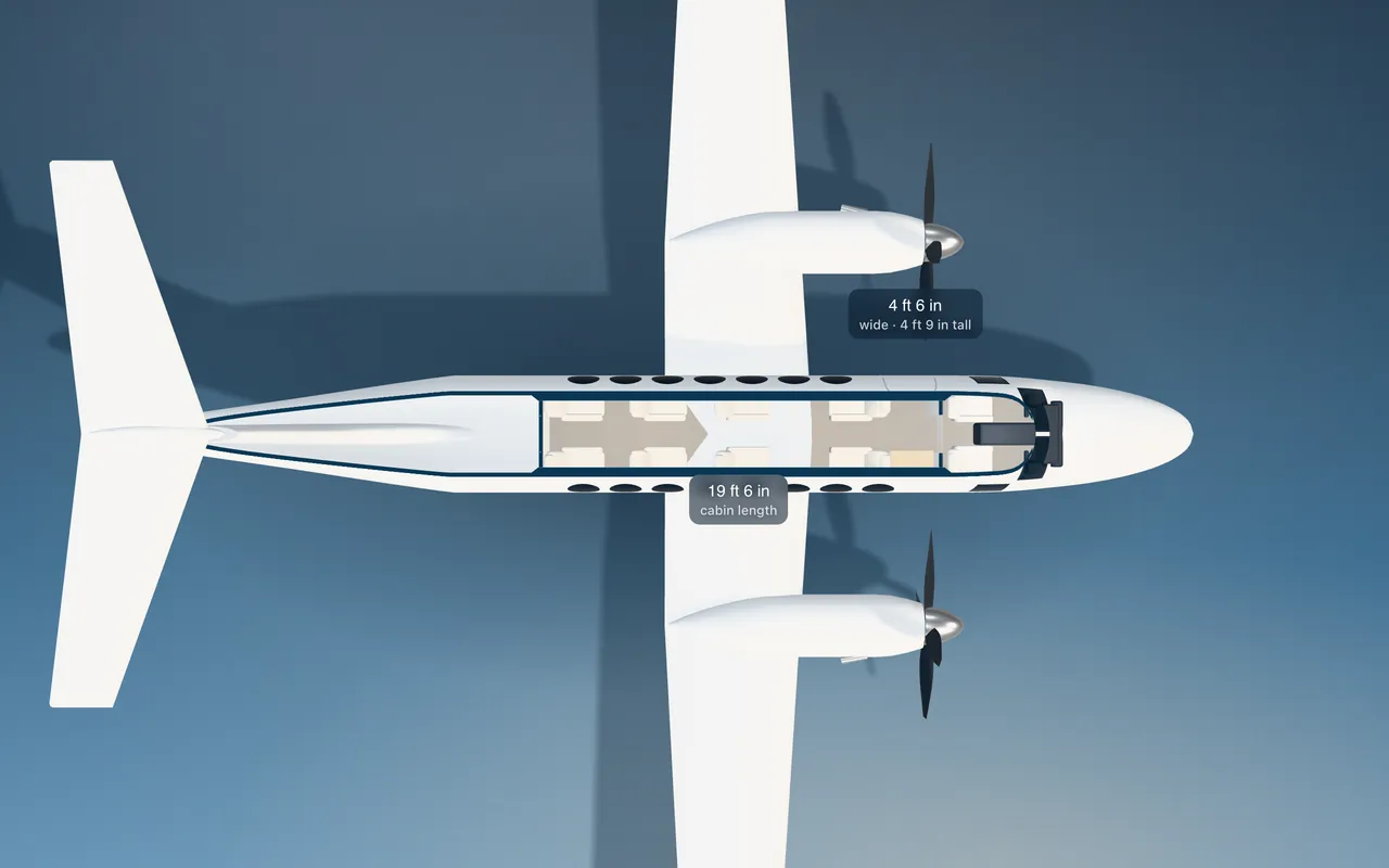 Beechcraft King Air 350 3D seat map illustration: plan view cut through the 19 ft 6 in cabin, with a representative 8-seat layout.
