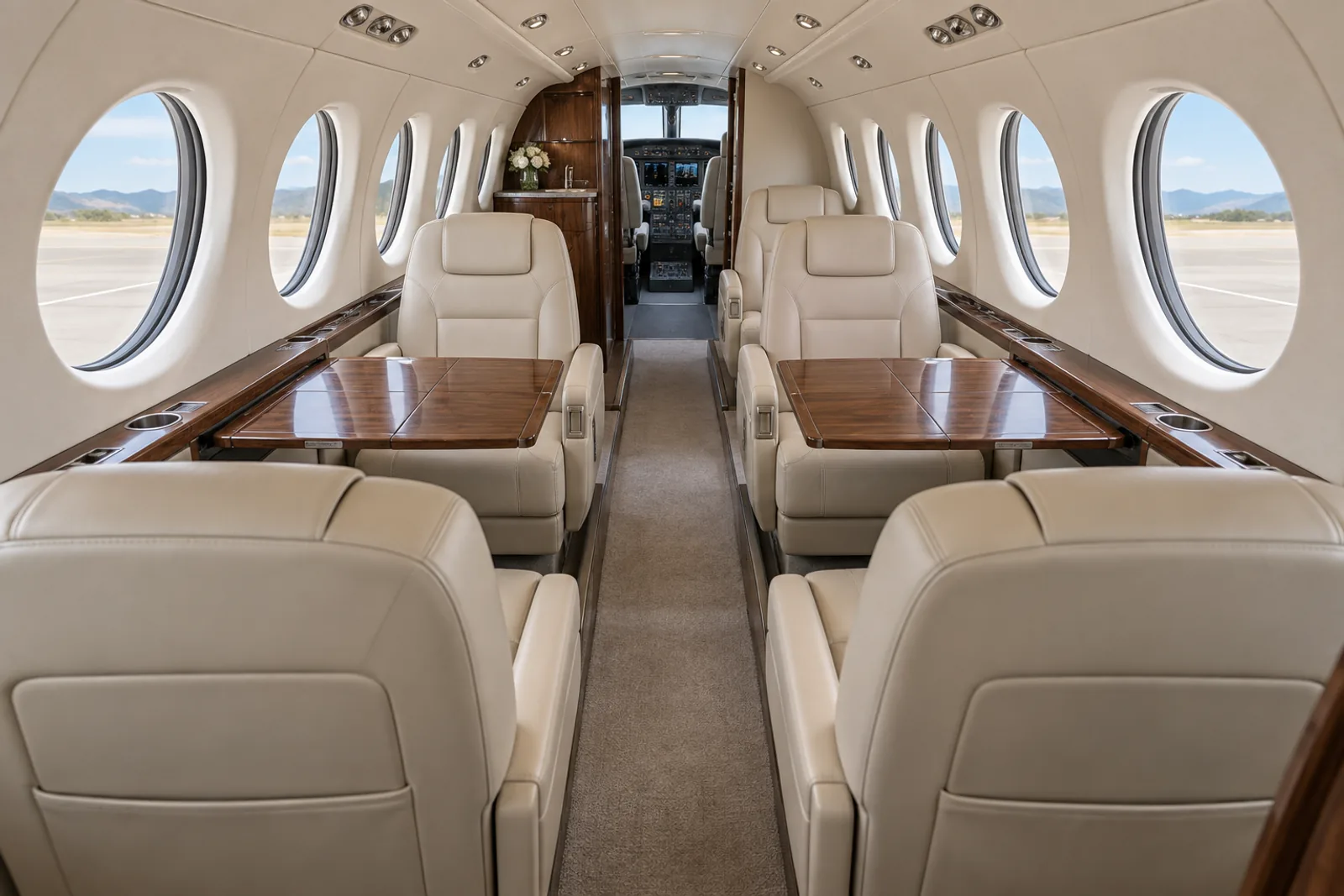 Beechcraft King Air 350 cabin interior illustration: original illustration looking forward into a compact King Air 350i reference cabin, with round windows, dropped aisle, cream leather and walnut club tables.
