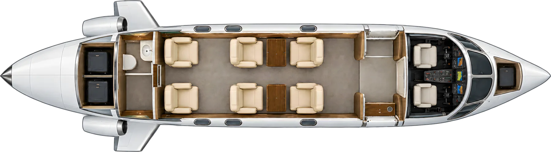 Beechcraft Premier I seat map illustration: top-down view of the cabin. Typical 6-passenger layout: a club of four, two forward-facing aft seats, forward refreshment cabinet, aft lavatory.