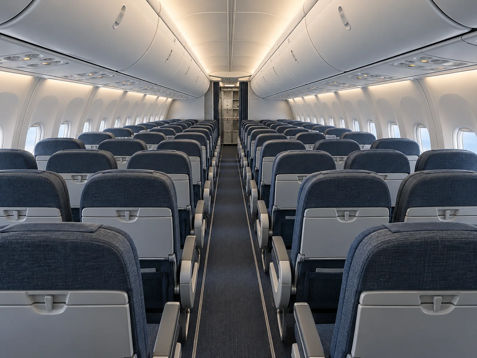 Boeing 737 MAX 8 cabin interior illustration: aI-generated illustration of a representative Boeing 737 MAX 8/9 family cabin, looking forward through a 3+3 passenger seating arrangement.