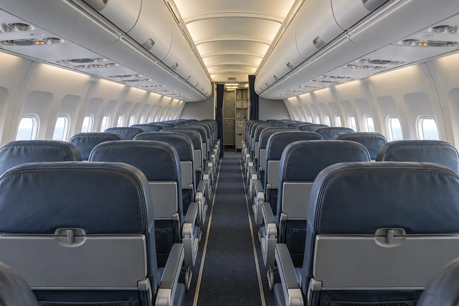 Boeing 757-223 cabin interior illustration: aI-generated illustration of a representative Boeing 757-200 passenger cabin, looking forward through a 3+3 seating arrangement.