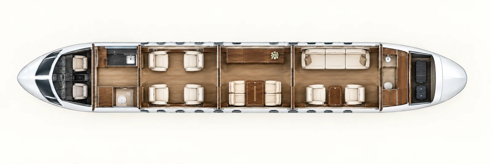 Bombardier BD-700-1A11 series seat map illustration: top-down view of the cabin. Representative Global 5000 13-seat layout across three passenger zones. Cockpit and crew rest are separate. Not this aircraft’s installed layout.