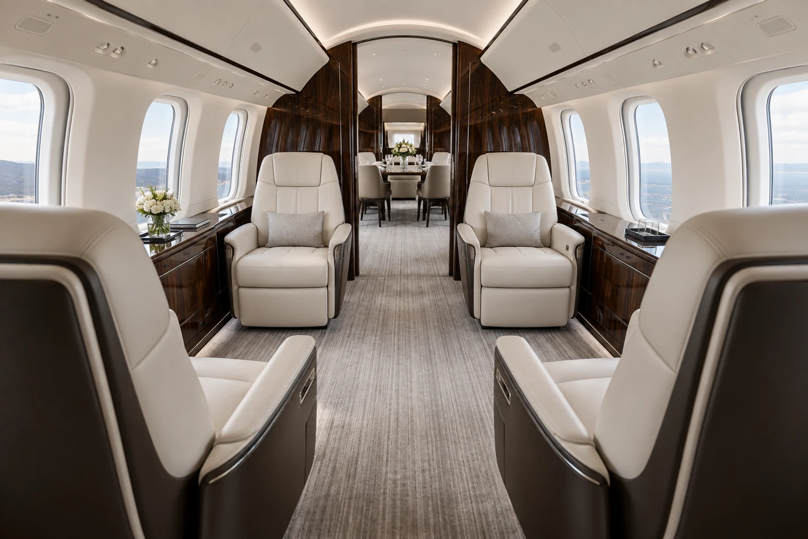 Bombardier BD-700-2A12 series cabin interior illustration: representative Global 7500 forward club cabin; actual completion and equipment vary.