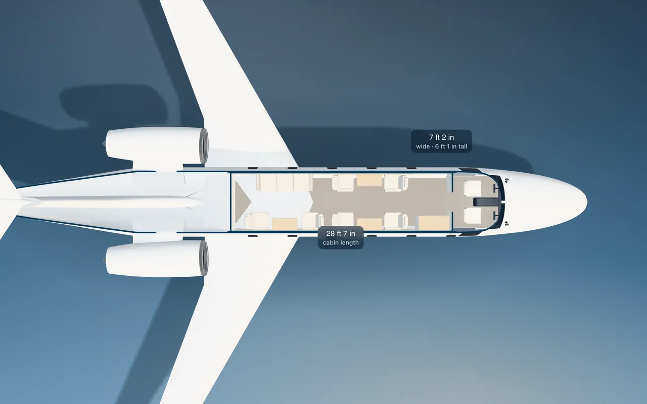 Bombardier Challenger 300 3D seat map illustration: plan view cut through the 28 ft 7 in cabin, with a representative 9-seat layout.