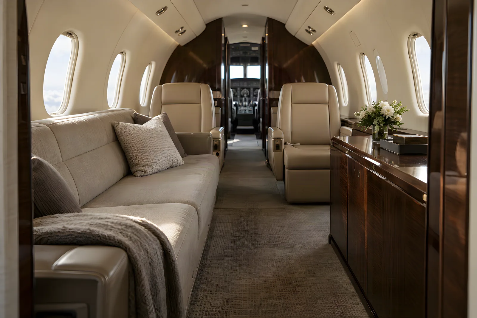 Bombardier Challenger 300 cabin interior illustration: the cabin of a Challenger 300 seen from aft, with a side-facing divan, two club seats and dark wood cabinetry.