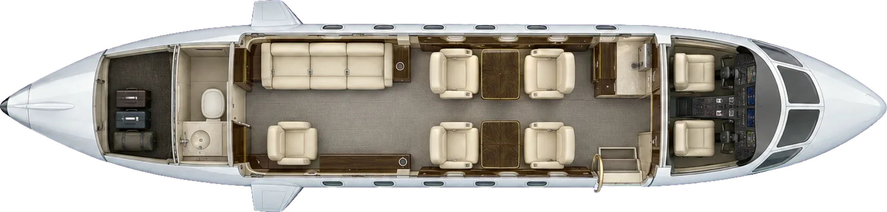 Bombardier Challenger 300 seat map illustration: top-down view of the cabin. Typical 8-passenger layout: a club of four, a three-place divan and a club seat, aft lavatory.