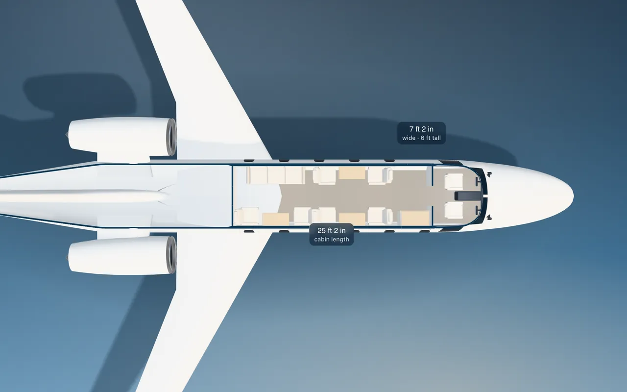Bombardier Challenger 350 3D seat map illustration: plan view cut through the 25 ft 2 in cabin, with a representative 9-seat layout.