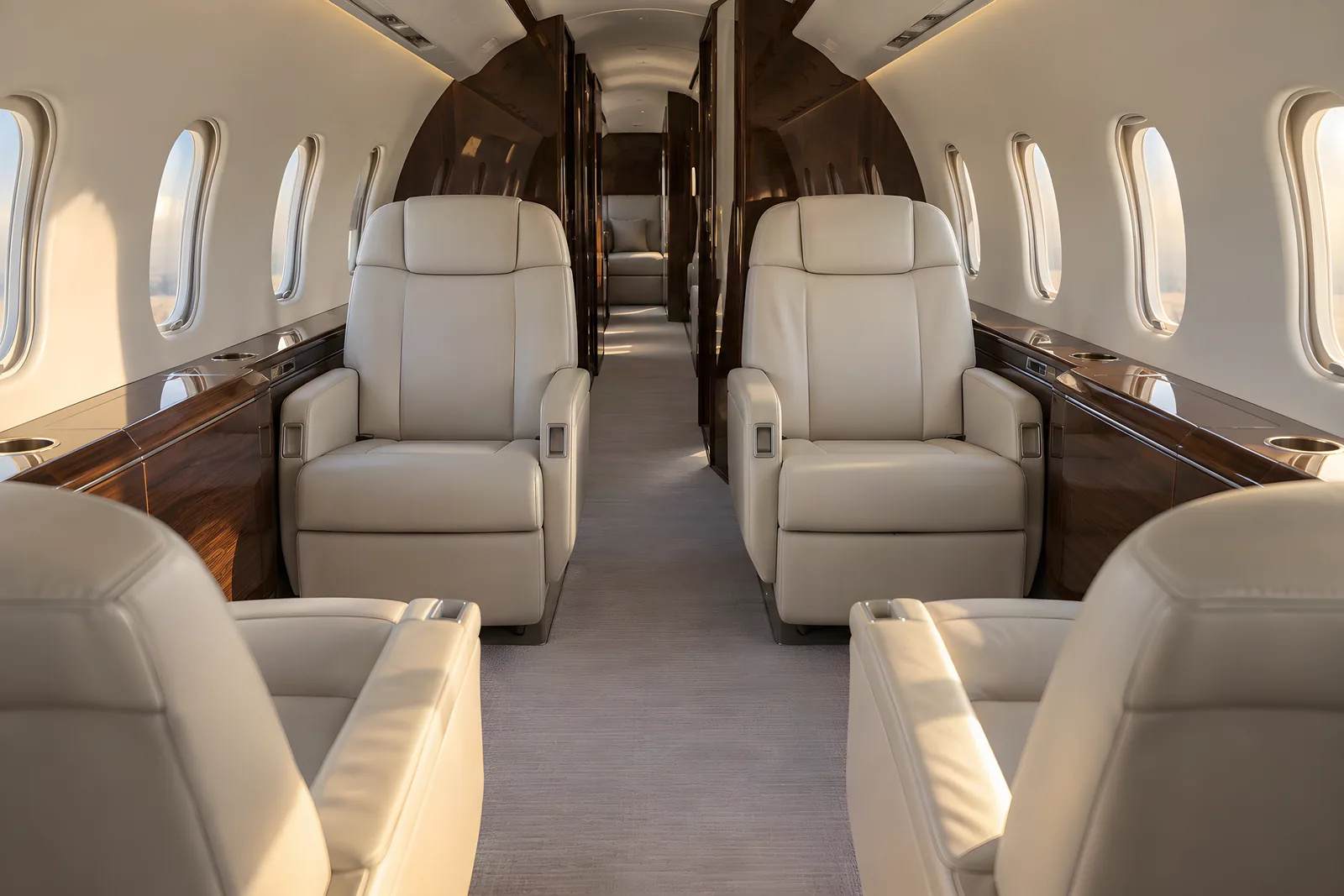 Bombardier Challenger 3500 cabin interior illustration: the cabin of a Challenger 350, looking aft past four cream leather club seats and walnut side ledges.