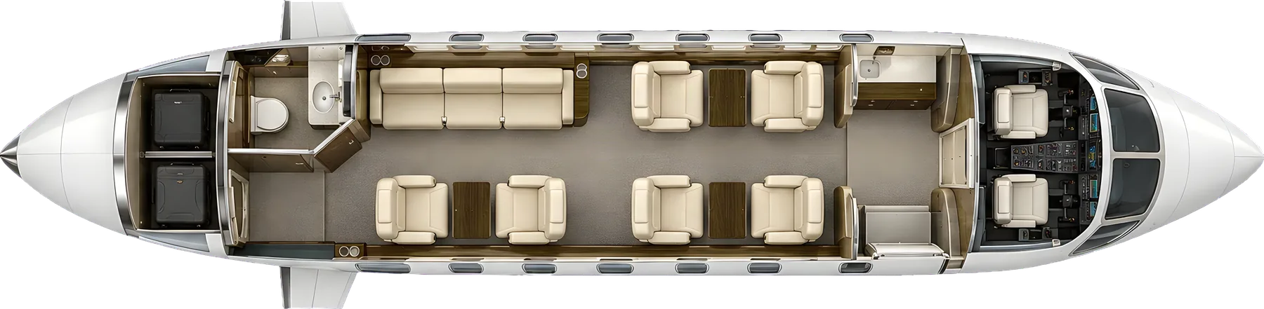 Bombardier Challenger 3500 seat map illustration: top-down view of the cabin. Typical 9-passenger layout: a club of four, two club seats facing a three-place divan, aft lavatory.