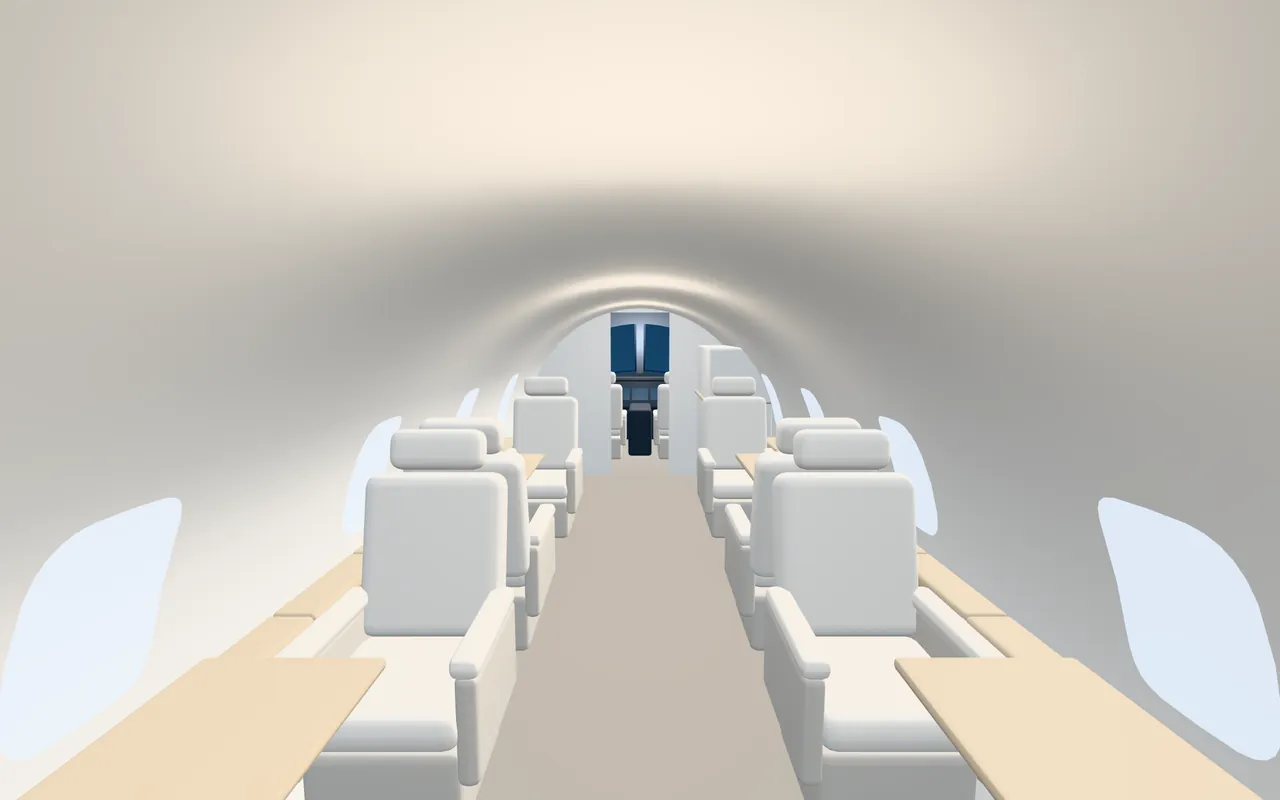 Bombardier Challenger 601-3R 3D cabin interior illustration looking forward: a representative 8-seat layout in a 8 ft 2 in wide, 6 ft 1 in tall cabin.