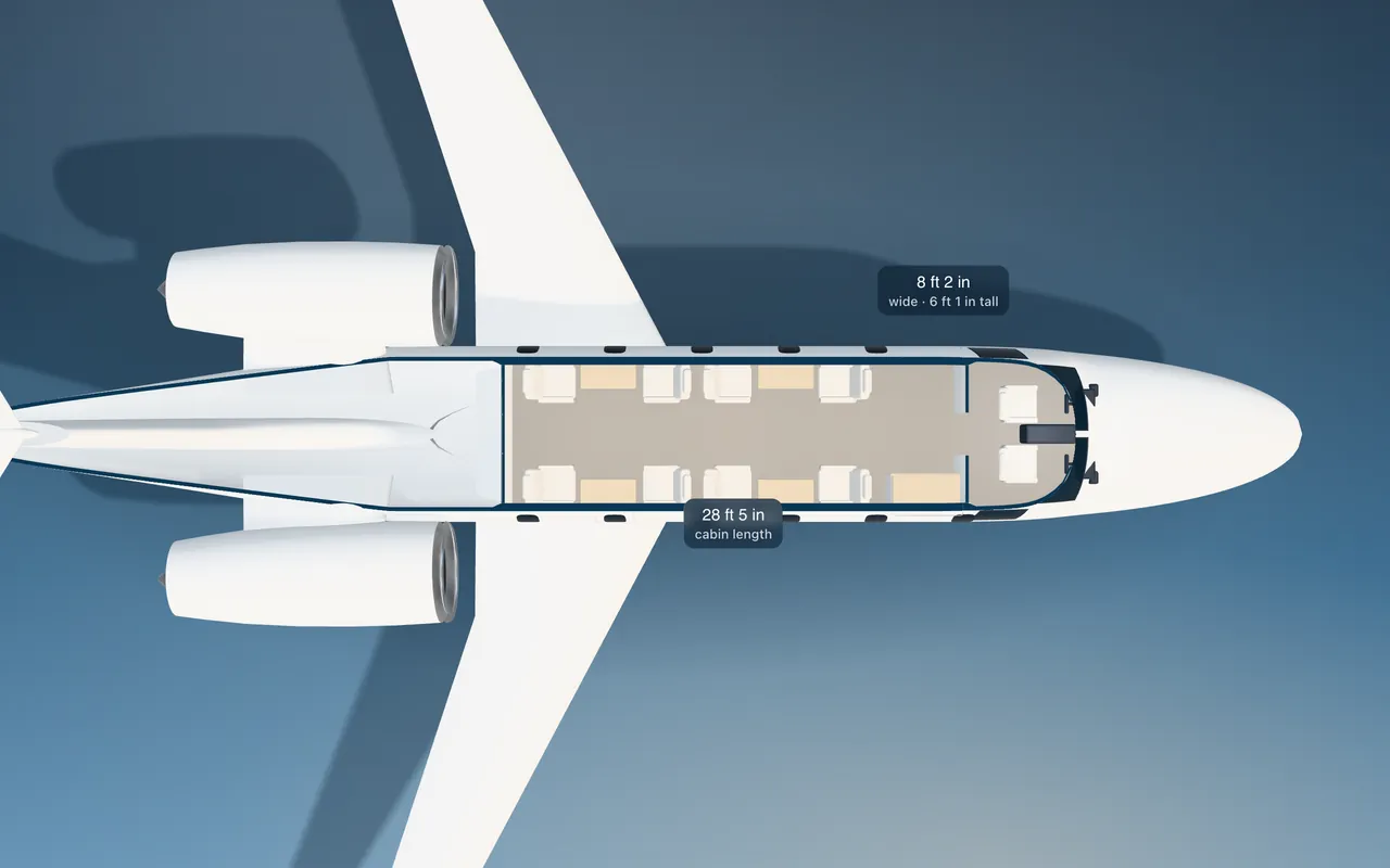 Bombardier Challenger 601-3R 3D seat map illustration: plan view cut through the 28 ft 5 in cabin, with a representative 8-seat layout.
