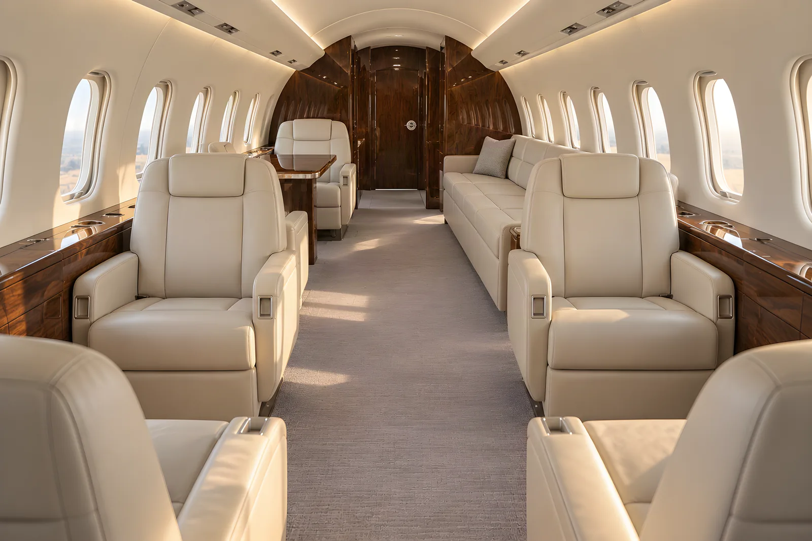 Bombardier Challenger 601-3R cabin interior illustration: warm natural light fills a wide stand-up Challenger 604 cabin with cream leather club chairs, an aft three-place divan, wood veneer trim and upright rounded windows, viewed aft down the aisle.