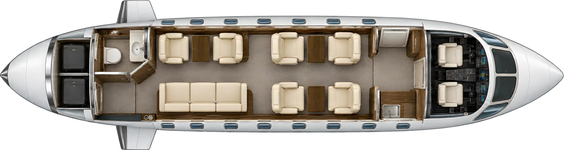 Bombardier Challenger 604 seat map illustration: top-down view of the cabin. Typical 9-passenger layout: a club of four, two club seats opposite a three-place divan, forward galley, aft lavatory.