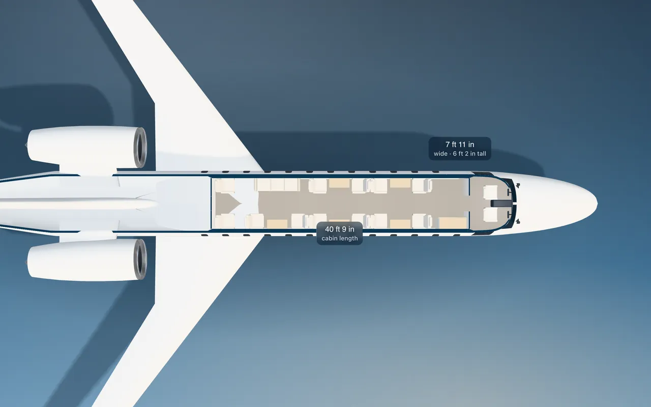 Bombardier Global 5000 3D seat map illustration: plan view cut through the 40 ft 9 in cabin, with a representative 15-seat layout.