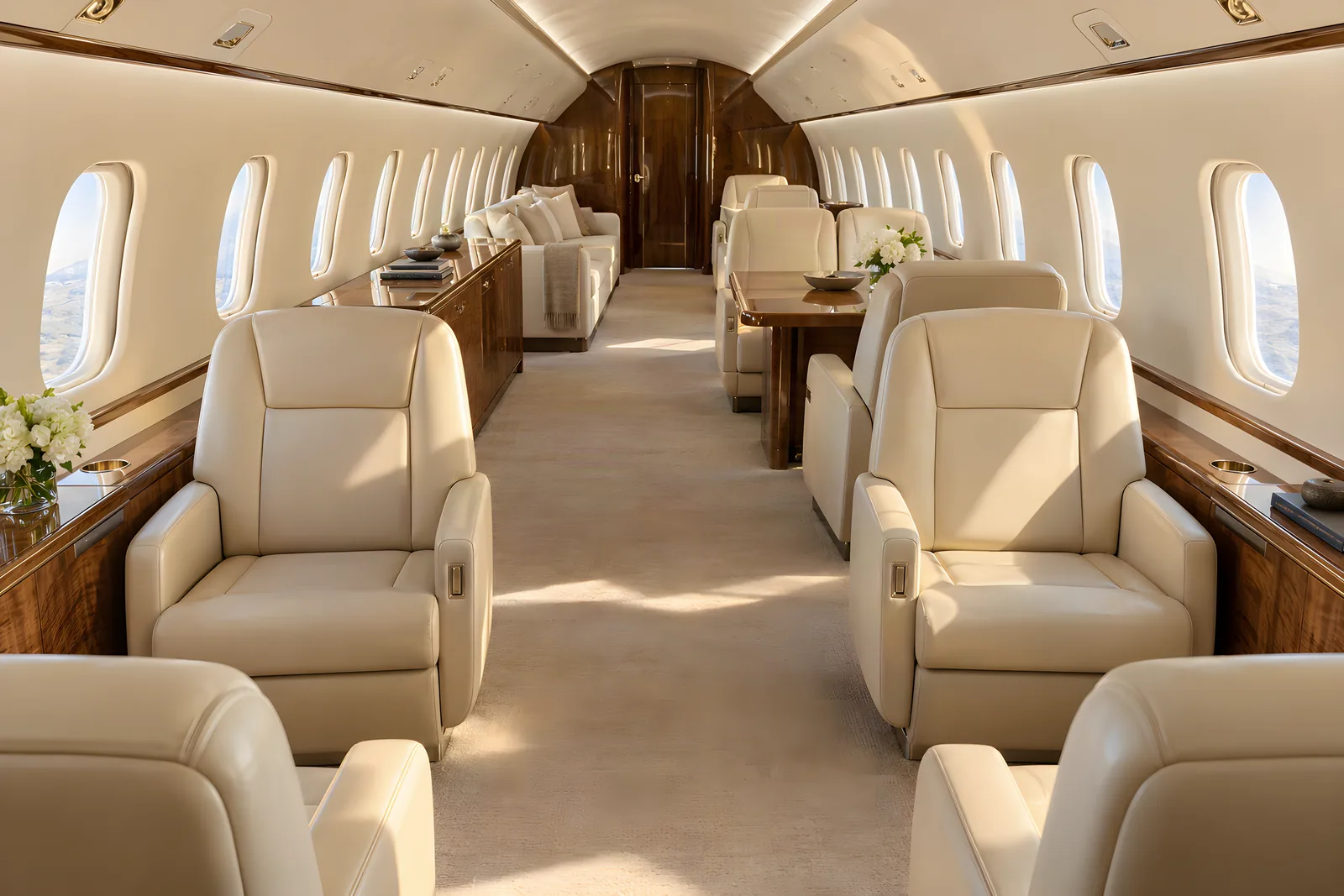Bombardier Global 5000 cabin interior illustration: warm sunlight fills the spacious stand-up Global 5000 cabin, with cream leather club and conference seating, an aft divan, wood veneer and upright rounded windows along a central aisle.