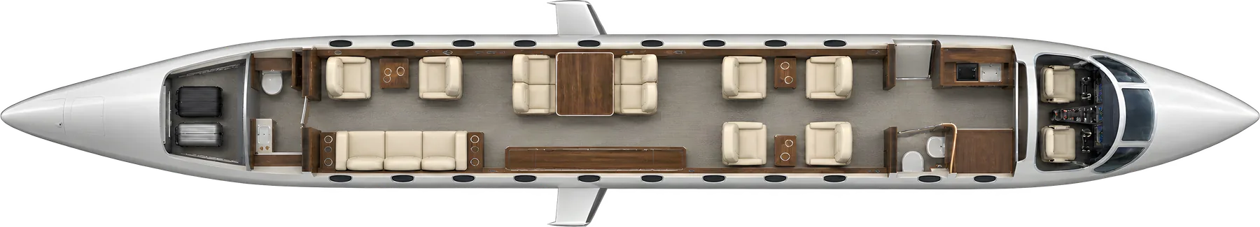 Bombardier Global 5000 seat map illustration: top-down view of the cabin. Typical 13-passenger layout: a club of four, four conference seats, two club seats opposite a three-place divan, forward galley and aft lavatory.