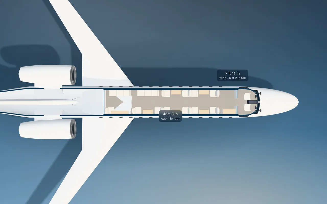 Bombardier Global 6000 3D seat map illustration: plan view cut through the 43 ft 3 in cabin, with a representative 17-seat layout.