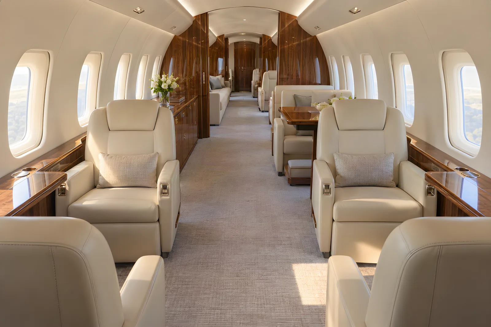 Bombardier Global 6000 cabin interior illustration: warm daylight fills a spacious Bombardier Global 6000 cabin viewed aft down the aisle, with cream leather club seats, a conference area, walnut cabinetry, rounded rectangular windows and an aft divan.