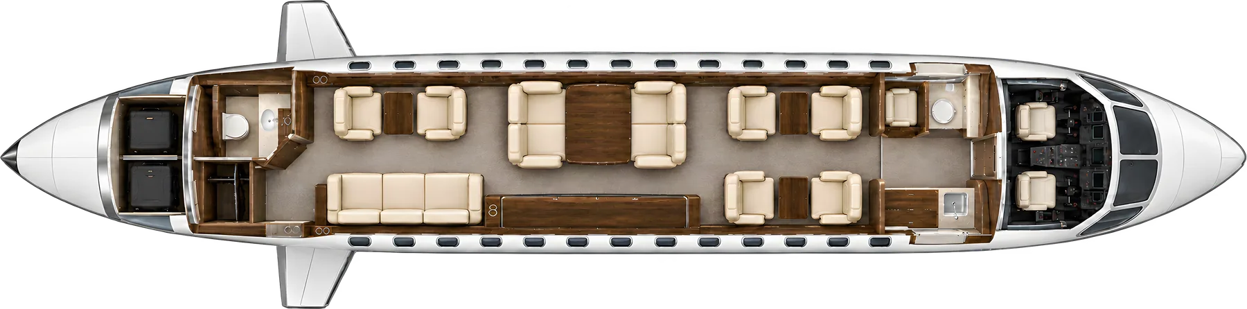 Bombardier Global 6000 seat map illustration: top-down view of the cabin. Typical 13-passenger layout: a club of four, four conference seats, two club seats opposite a three-place divan, forward galley and aft lavatory.