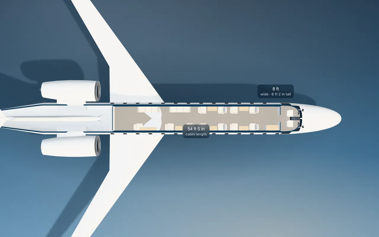 Bombardier Global 7500 3D seat map illustration: plan view cut through the 54 ft 5 in cabin, with a representative 17-seat layout.