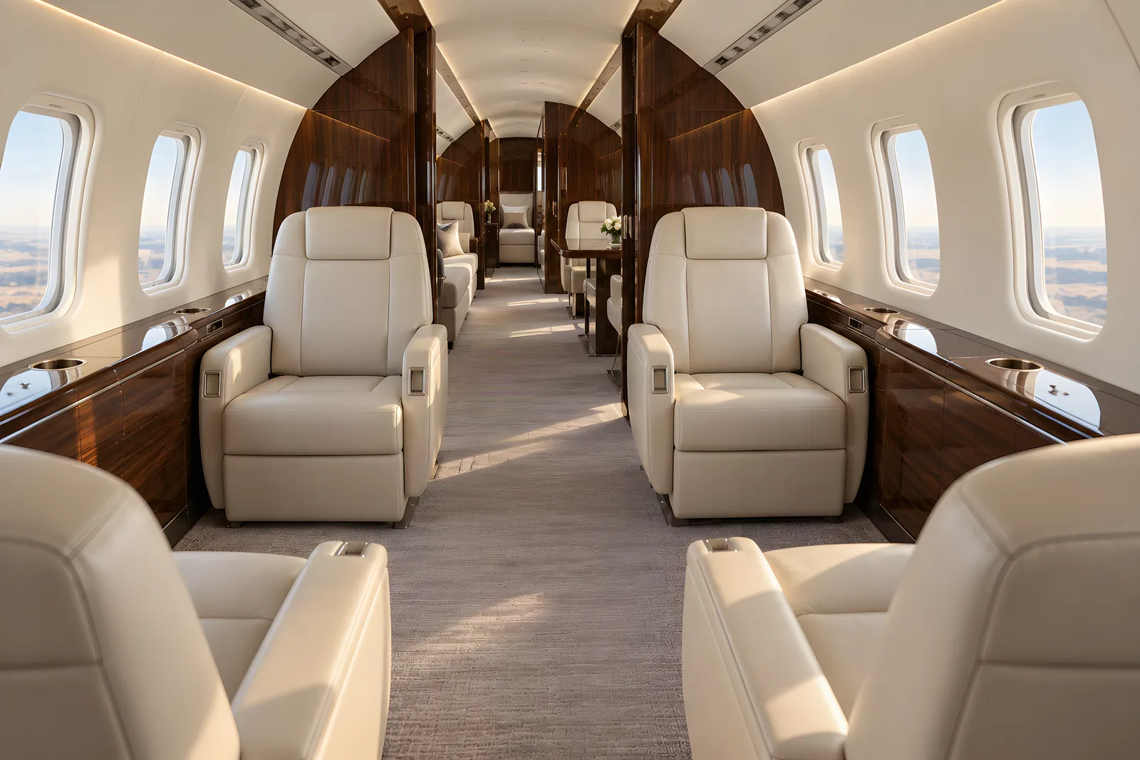 Bombardier Global 7500 cabin interior illustration: warm natural light fills a stand-up Bombardier Global 7500 cabin with cream leather club seats, tall rounded rectangular windows, wood veneer cabinetry and an aisle leading aft toward the dining and lounge suites.