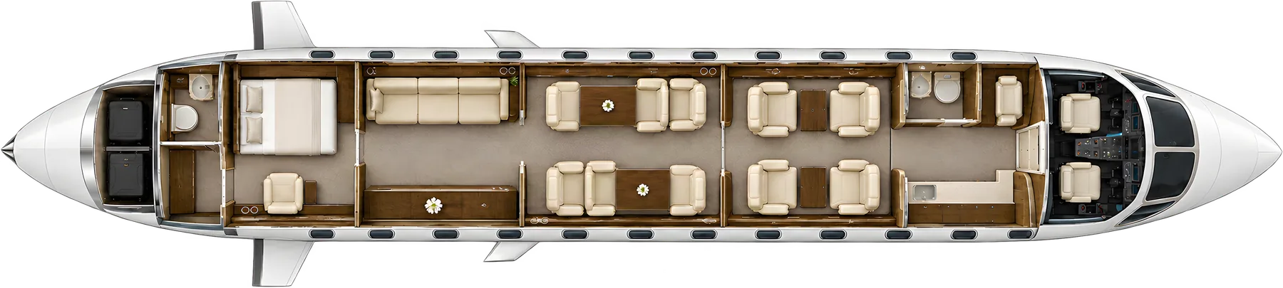 Bombardier Global 7500 seat map illustration: top-down view of the cabin. Typical 14-passenger layout: four club seats, six dining seats, a three-place divan, one chair beside an aft bed, forward galley and two lavatories.