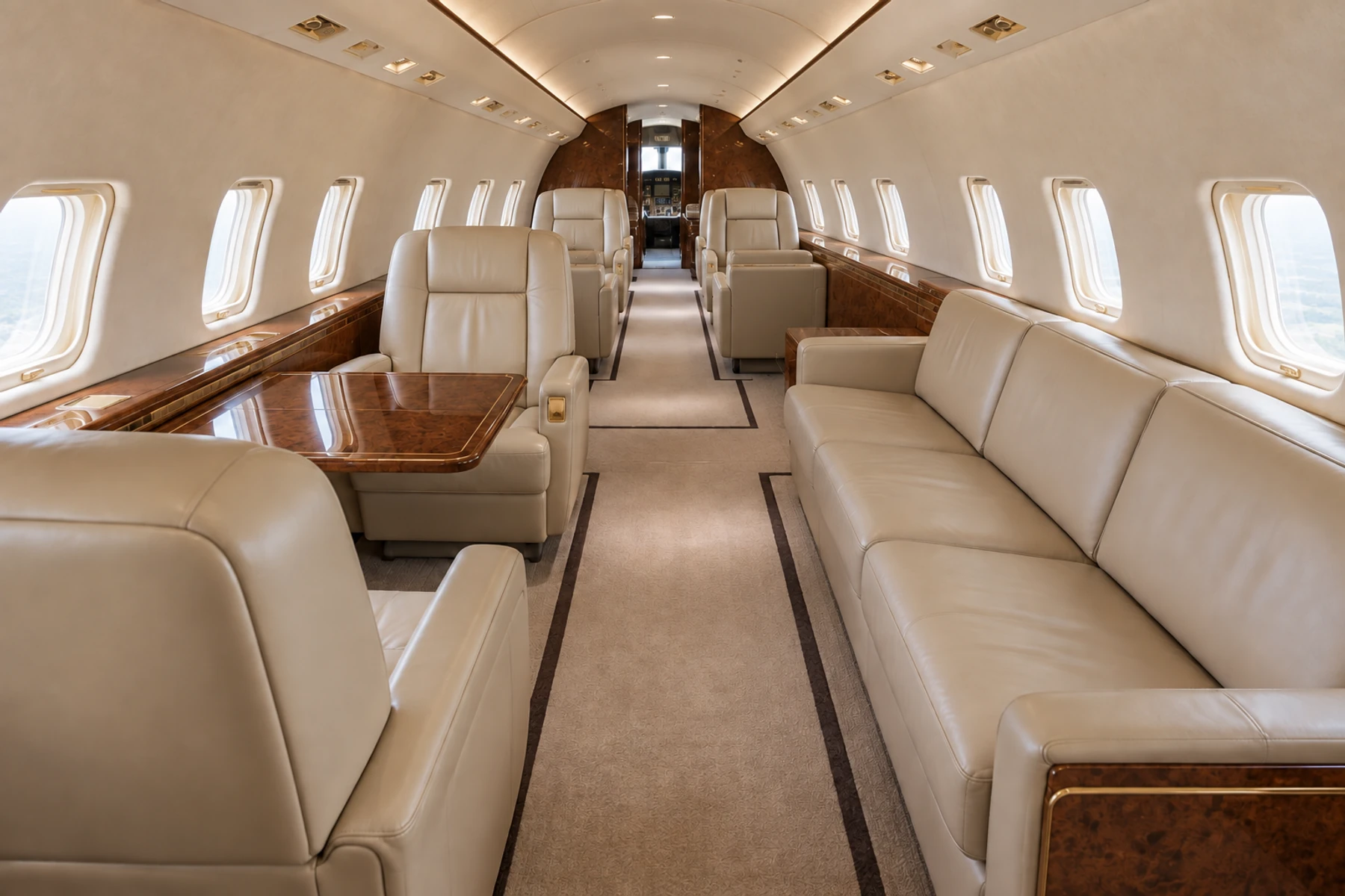 Canadair Challenger 600 cabin interior illustration: challenger 600 nine-passenger example. Representative illustration; actual interiors vary.