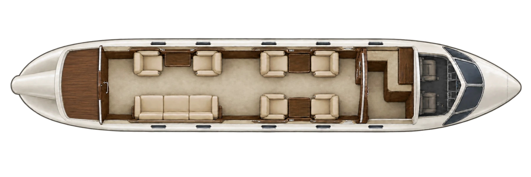 Canadair Challenger 600 seat map illustration: top-down view of the cabin. Six chairs and a three-place divan. Photo-reconstructed representative arrangement; crew and closed utility areas excluded. Actual completion varies.
