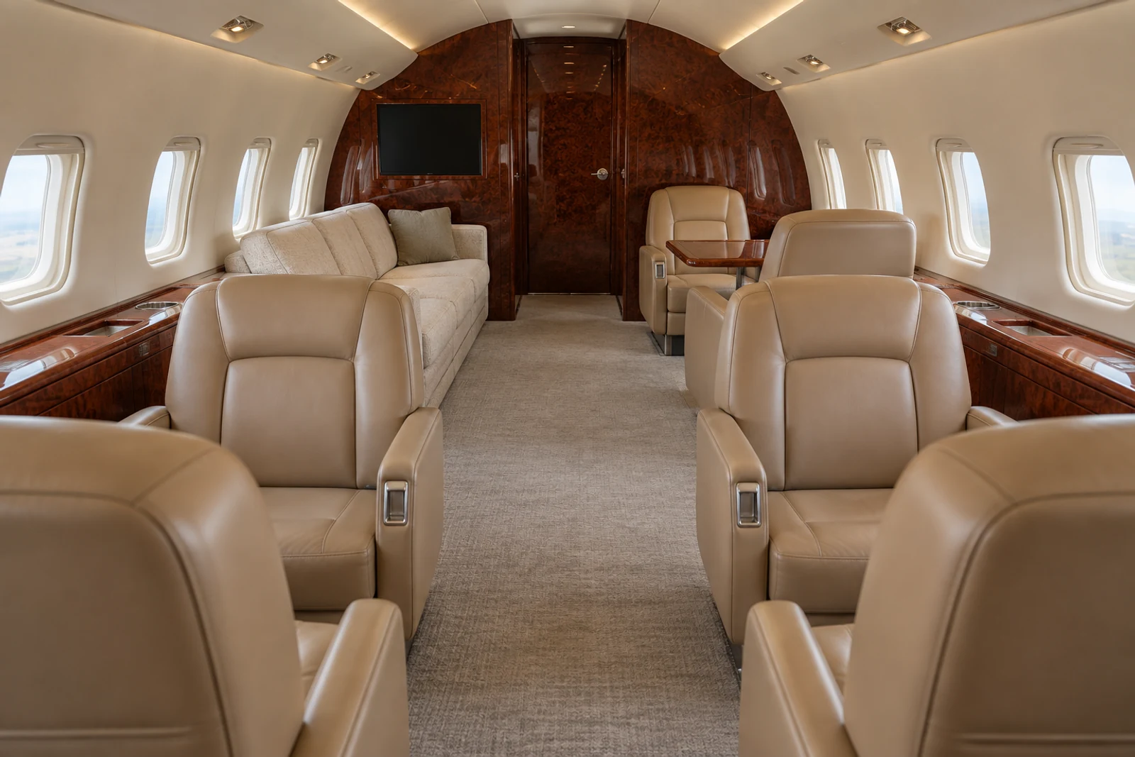 Canadair Challenger 601-1A cabin interior illustration: challenger 601-1A nine-passenger. Illustrative interior, not a photograph of this aircraft.