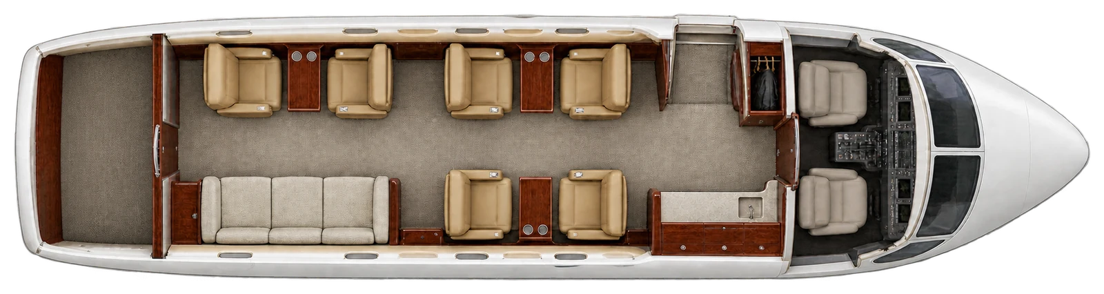 Canadair Challenger 601-1A seat map illustration: top-down view of the cabin. Six chairs and a three-place divan. Crew and rear service area excluded. Actual layout and equipment vary.