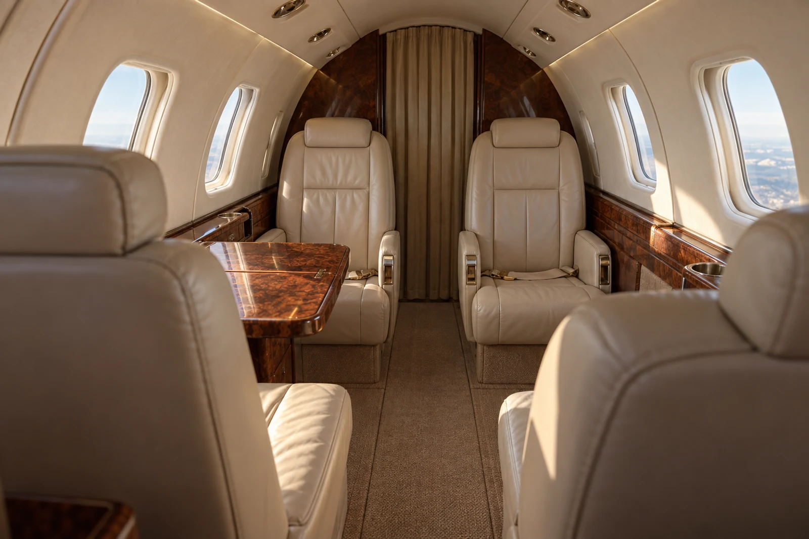 Cessna 500 Citation cabin interior illustration: model 500 five-chair example. Illustrative interior, not a photograph of this aircraft.