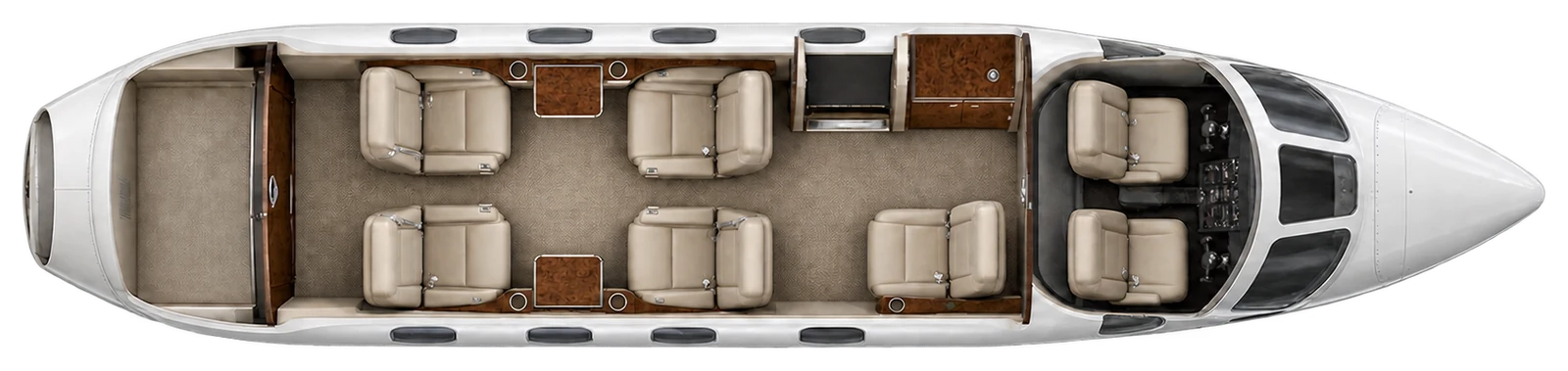 Cessna 500 Citation seat map illustration: top-down view of the cabin. Five passenger chairs, two cockpit seats and a separate lavatory. Actual layout and equipment vary.