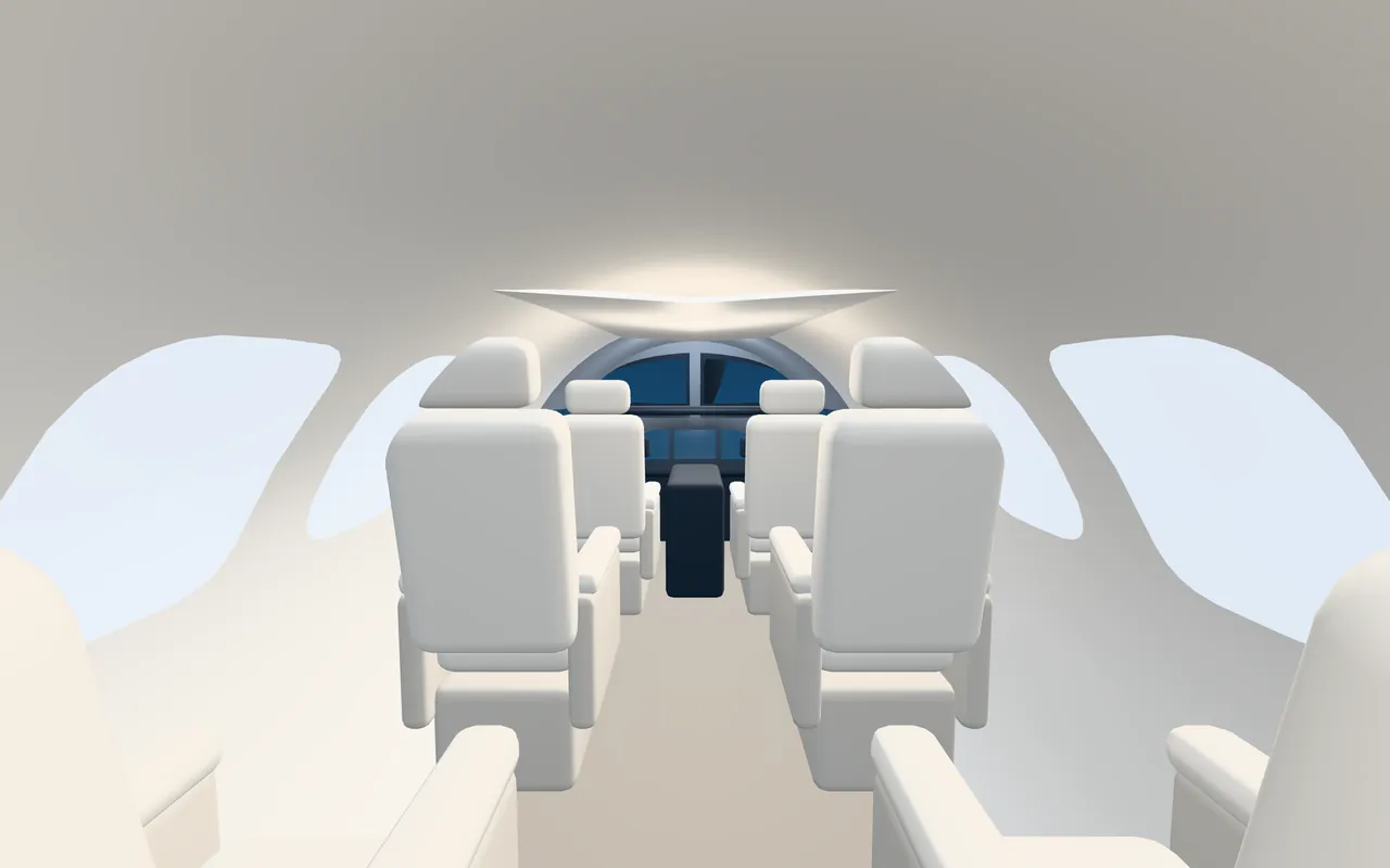 Cessna Caravan 3D cabin interior illustration looking forward: a representative 6-seat layout in a 5 ft 4 in wide, 4 ft 6 in tall cabin.