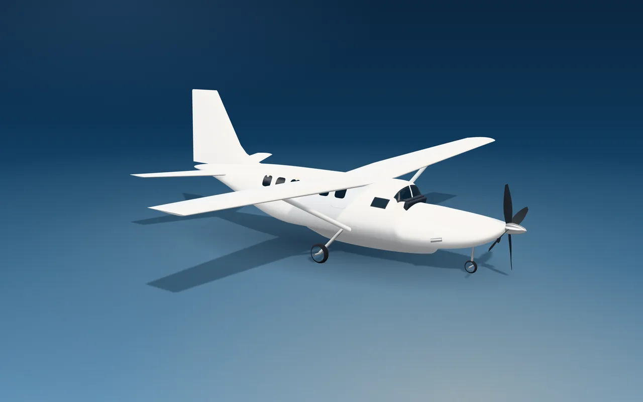 Cessna Caravan 3D exterior illustration, three-quarter view from the front.