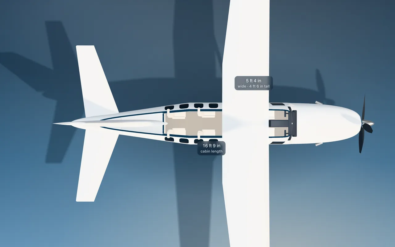 Cessna Caravan 3D seat map illustration: plan view cut through the 16 ft 9 in cabin, with a representative 6-seat layout.